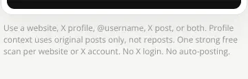 Rendered contrast evidence for Use a website, X profile, @username, X post, or both. Profile context uses origi
