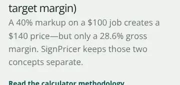 Rendered contrast evidence for A 40% markup on a $100 job creates a $140 price—but only a 28.6% gross margin. S